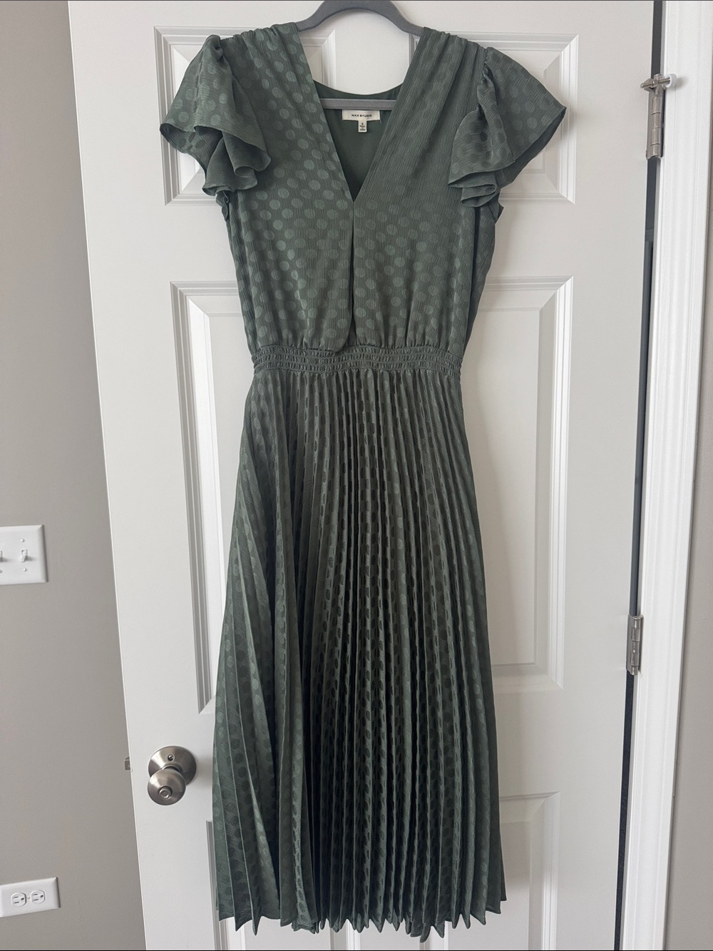 Max Studio Olive Polka Dot Pleated Midi Dress
